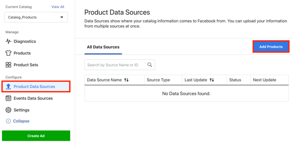 Verwenden Sie das Facebook Event Setup Tool, Schritt 22, Menüoption, um Produkte über die Registerkarte Produktdatenquellen in Facebook hinzuzufügen
