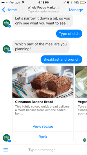 Der Chatbot von Whole Foods bietet Wert durch Inhalte, anstatt direkt an Benutzer zu verkaufen.