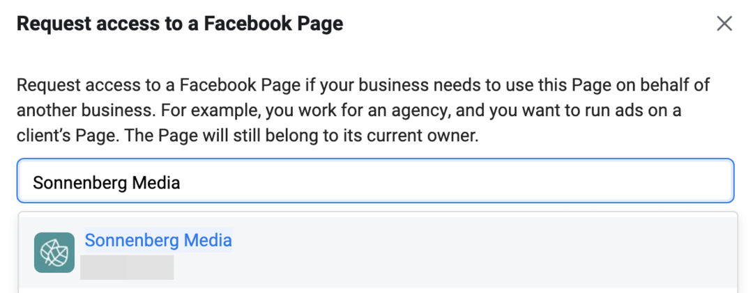 Bild des Bildschirms „Zugriff auf eine Facebook-Seite anfordern“ im Meta Business Manager
