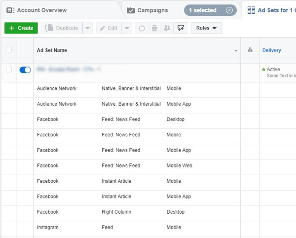 Tipps zur Senkung Ihrer Facebook-Anzeigenkosten, Beispiel für Anzeigenplatzierungs-Kampagnenplatzierungen 