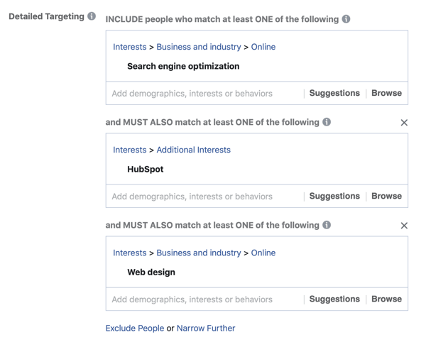 Beispiel für das Hinzufügen einer dritten Ebene Ihrer Ergebnisse zu den Interessen Ihrer Facebook-Anzeigenpublikum mithilfe eines zweiten MUSS AUCH-Übereinstimmungsfelds.