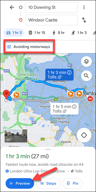Google Maps-Mobilroute ohne Autobahnen