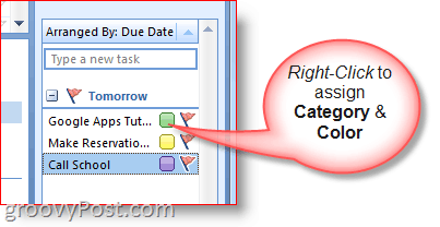 Aufgabenleiste von Outlook 2007 – Klicken Sie mit der rechten Maustaste auf die Aufgabe, um Farben und Kategorie auszuwählen