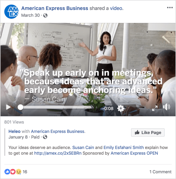 Diese Facebook-Anzeige für American Express Business zeigt Susan Cain, eine bekannte Führungs- und Managementexpertin, die kürzlich mit einem TED-Talk berühmt wurde.