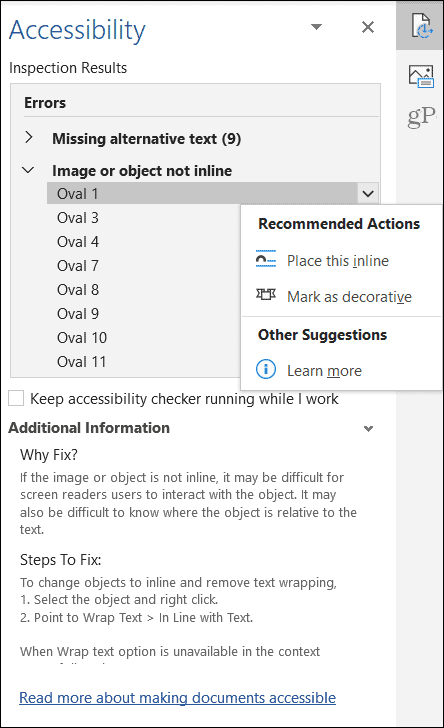 Microsoft Office Accessibility Checker-Objektergebnisse