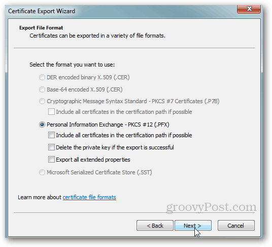 Windows-Zertifikatsexport - Standardeinstellungen akzeptieren