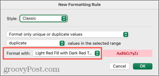 Wählen Sie Formatierung für Duplikate in Excel auf dem Mac