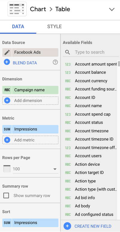 Verwenden Sie Google Data Studio, um Ihre Facebook-Anzeigen zu analysieren, Schritt 10, Menüeinstellungen, um Ihre Diagrammdaten anzupassen