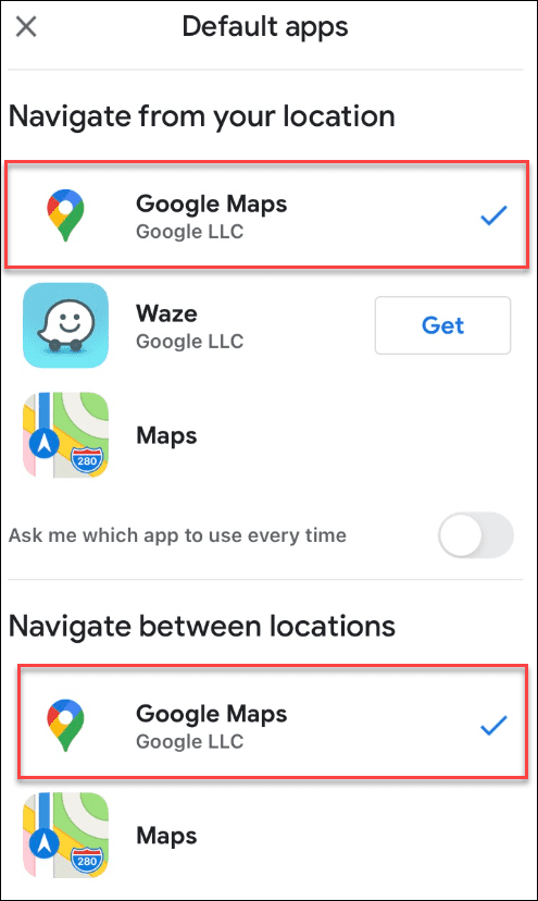 gmail google maps als standard ausgewählt