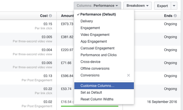 Fügen Sie im Facebook Ads Manager eine neue Berichtsspalte hinzu.