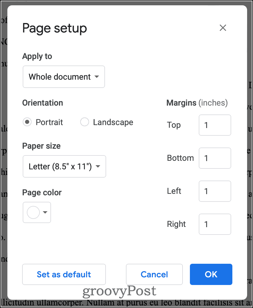 Google Docs-Seiteneinrichtung