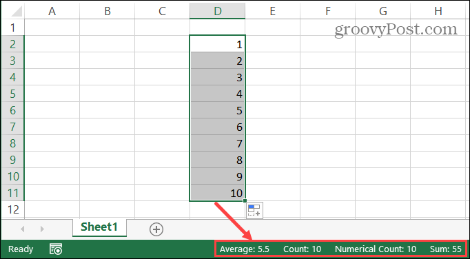 Excel-Statusleiste für ausgewählte Zellen