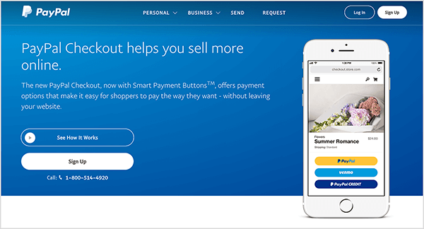 Dies ist ein Screenshot der PayPal Checkout-Service-Webseite. Es hat einen blauen Hintergrund und weißen Text. In einer Überschrift steht "PayPal Checkout hilft Ihnen, mehr online zu verkaufen." Unter der Überschrift werden zwei Schaltflächen angezeigt: eine blaue mit der Bezeichnung "See How It" Funktioniert und eine weiße mit der Bezeichnung Anmelden. Auf der rechten Seite sehen Sie ein Bild eines Smartphones mit der PayPal Checkout-Funktion auf einem Mobiltelefon Webseite.