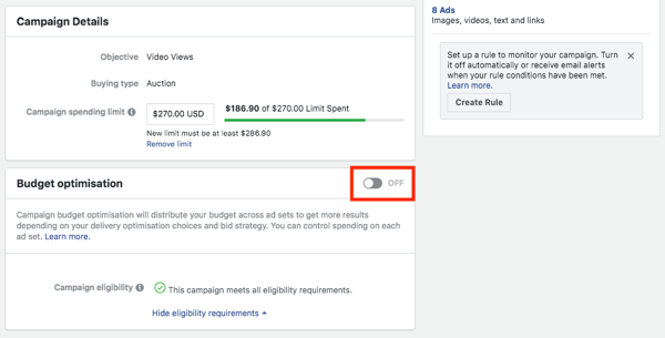 Option zur Optimierung des Facebook-Kampagnenbudgets.