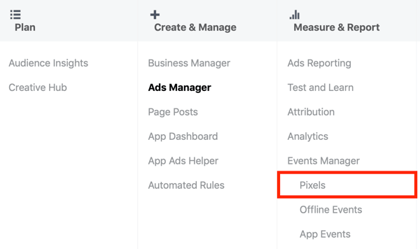 Verwenden Sie das Facebook Event Setup Tool, Schritt 1, Menüoption Pixel im Facebook Ads Manager