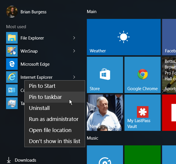 IE Startmenü Windows 10