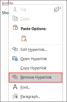 Klicken Sie mit der rechten Maustaste und wählen Sie Hyperlink entfernen