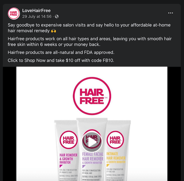 Facebook-Post von lovehairfree notiert ihre Haarentfernungsprodukte, indem er sie mit teuren Salonbesuchen vergleicht