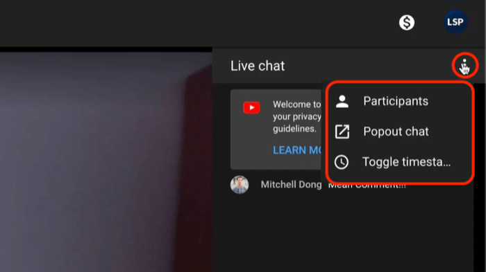 Menüoptionen für den YouTube-Live-Chat, einschließlich Anzeigen von Teilnehmern und Herausspringen des Chats zur besseren Anzeige und Moderation