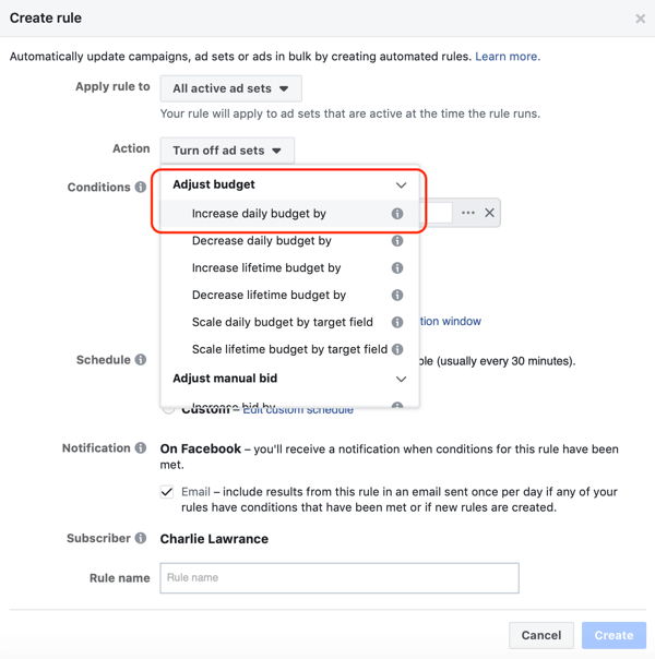 Verwenden Sie automatisierte Facebook-Regeln, erhöhen Sie das Budget, wenn der ROAS größer als 2 ist, Schritt 1, und legen Sie die Aktion fest