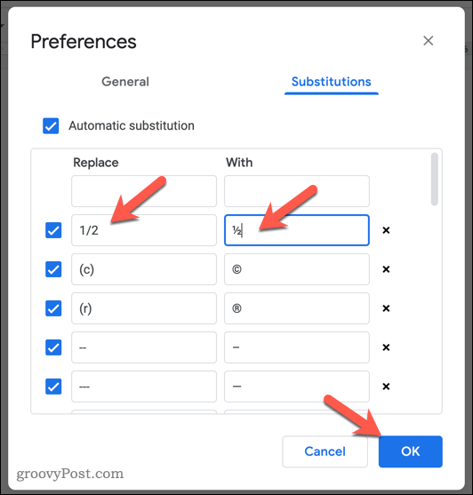 Hinzufügen eines Bruchs als automatische Ersetzung in Google Docs