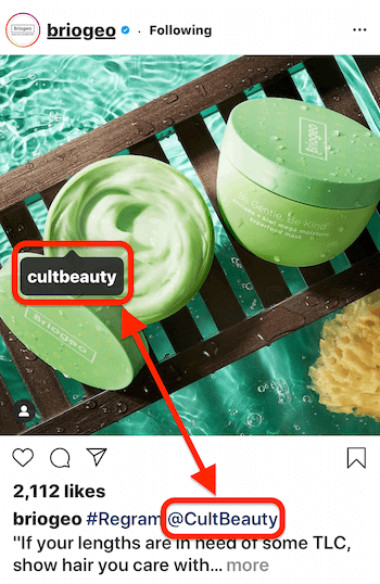 Instagram-Post von @briogeo mit einem Post-Tag und einer Beschriftung @mention für @cultbeauty, dessen Produkt im Bild angezeigt wird