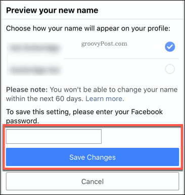 Bestätigen einer Facebook-Namensänderung in der mobilen App