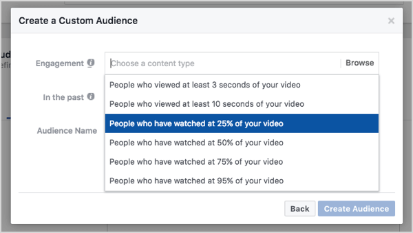 Benutzerdefinierte Facebook-Zielgruppe basierend auf 25% Videoaufrufen.