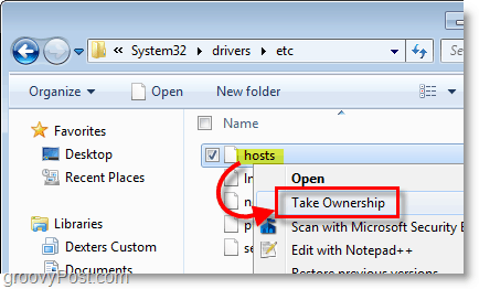 Windows 7-Screenshot - Verwenden Sie das Kontextmenü mit der rechten Maustaste, um den Besitz einer Datei in Windows 7 zu übernehmen