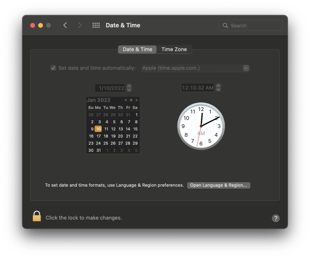 Der Bildschirm „Datum & Uhrzeit“ in den Systemeinstellungen