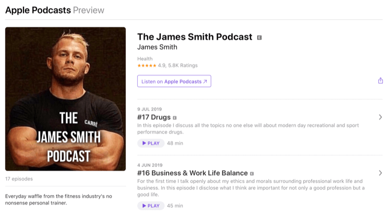 Social Media Marketing Strategie; Screenshot von James Smiths Podcast auf Apple Podcasts. James ist ein bekannter Influencer im Fitnessbereich.