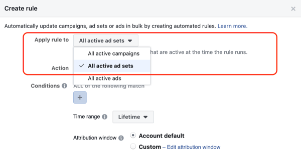 Verwenden Sie die automatisierten Facebook-Regeln. Beenden Sie den Anzeigensatz, wenn die Ausgaben doppelt so hoch sind und weniger als 1 Kauf, Schritt 1, gelten für alle Anzeigensätze