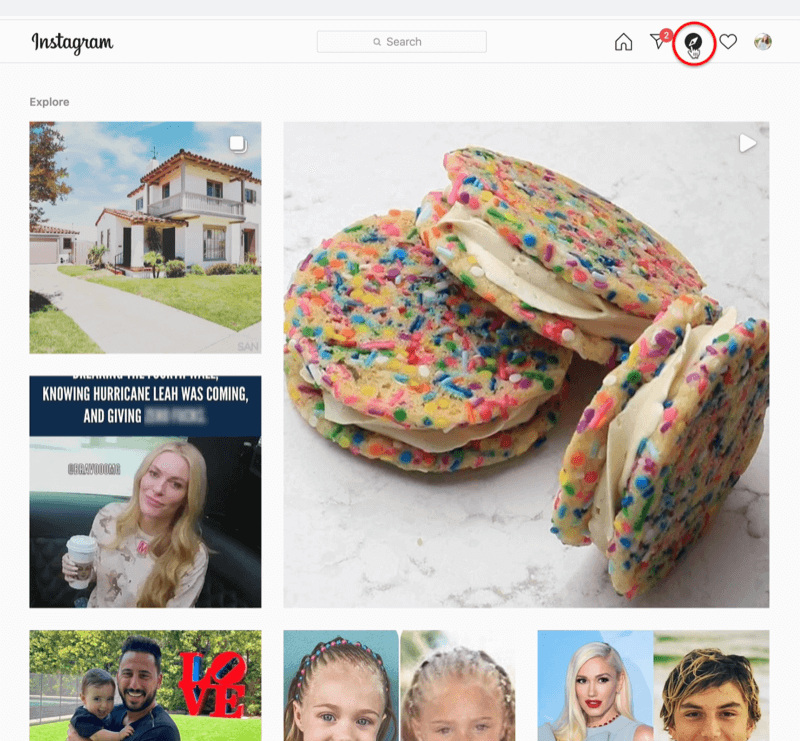 Screenshot von Instagram mit hervorgehobenem Kompass-Erkundungs-Feed-Symbol und mehreren gesampelten Instagram-Posts