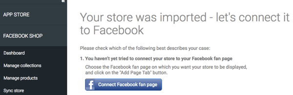 Stellen Sie nach dem Import Ihres Shops über die StoreYa-App sicher, dass eine Verbindung zu Facebook besteht.