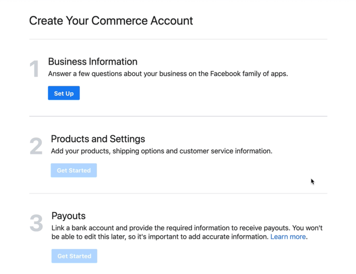 Dialogfeld zum Einrichten Ihrer Geschäftsinformationen für Ihr Facebook Commerce-Konto