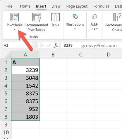 Einfügen einer Pivot-Tabelle in Excel