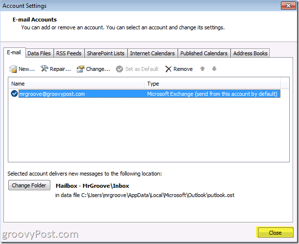 Outlook 2010 Screenshot-Schaltfläche zum Schließen, um Kontoeinsparungen zu sparen