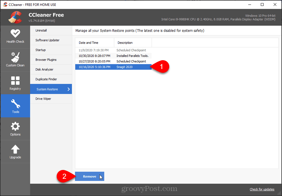 Systemwiederherstellungspunkte in CCleaner