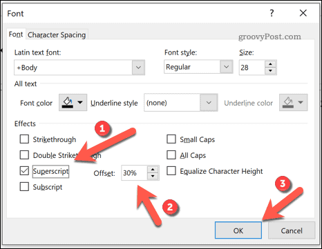 Optionen zum Hinzufügen von tiefgestelltem oder hochgestelltem Text in PowerPoint unter Windows