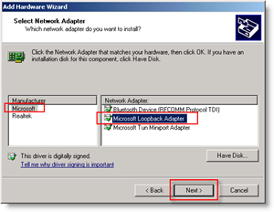 Windows-Assistent zum Hinzufügen von Hardware: Loopback-Netzwerkadapter hinzufügen