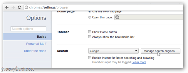 Grundlegende Optionen für Google Chrome