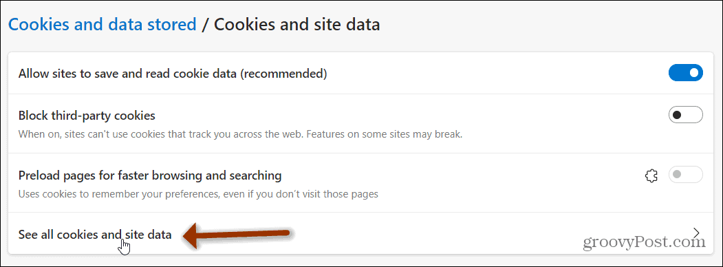 alle Cookies und Seitendaten Edge anzeigen