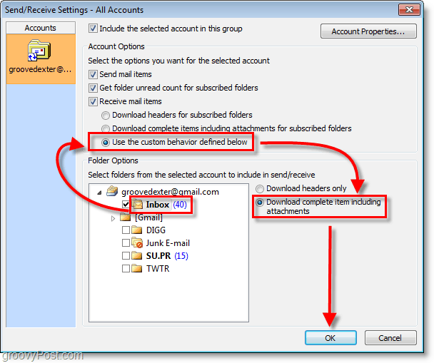Screenshot von Outlook 2010 – Benutzerdefiniertes Verhalten des Posteingangs zum Herunterladen des vollständigen Elements
