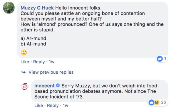 Beispiel für die Beantwortung einer Kommentarfrage in einem Facebook-Beitrag durch Innocent.