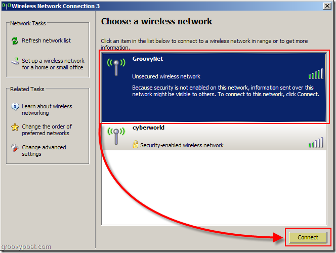 Windows XP-Menü zur Auswahl eines drahtlosen Netzwerks Screenshot:: groovyPost.com