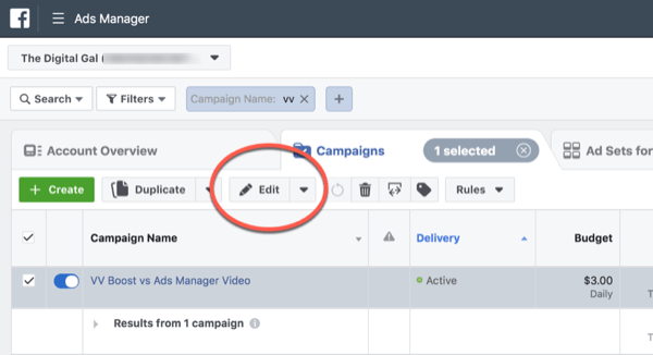 Facebook ThruPlay-Optimierung für die Bearbeitung von Kampagnen in 10-Sekunden-Ansichten, Schritt 1.