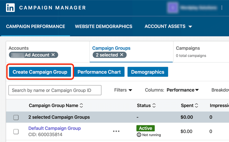 Linkedin-Kampagnenmanager-Dashboard mit hervorgehobener Schaltfläche Kampagnengruppe erstellen