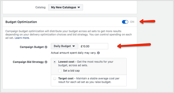 Abschnitt zur Budgetoptimierung im Facebook Ads Manager