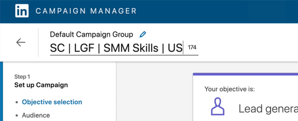 Screenshot des LinkedIn-Kampagnennamens mit der Aufschrift "SC |" LGF | SMM-Fähigkeiten | UNS