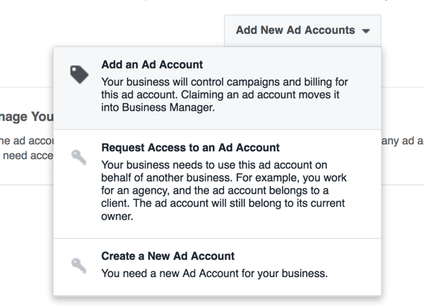 Wählen Sie die Option zum Erstellen eines neuen Anzeigenkontos in Business Manager aus.